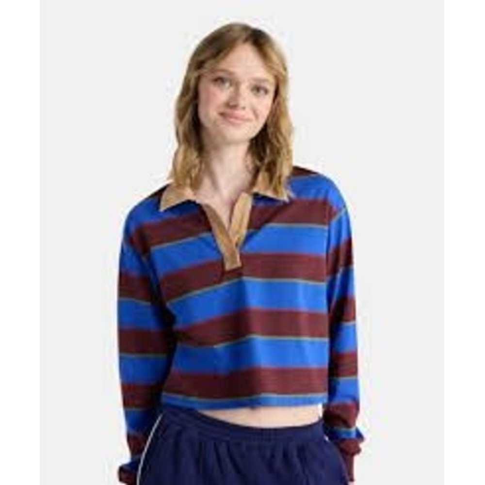 No Boundaries Stranger Things Striped Rugby Polo XL Blue Maroon Cropped Patches
